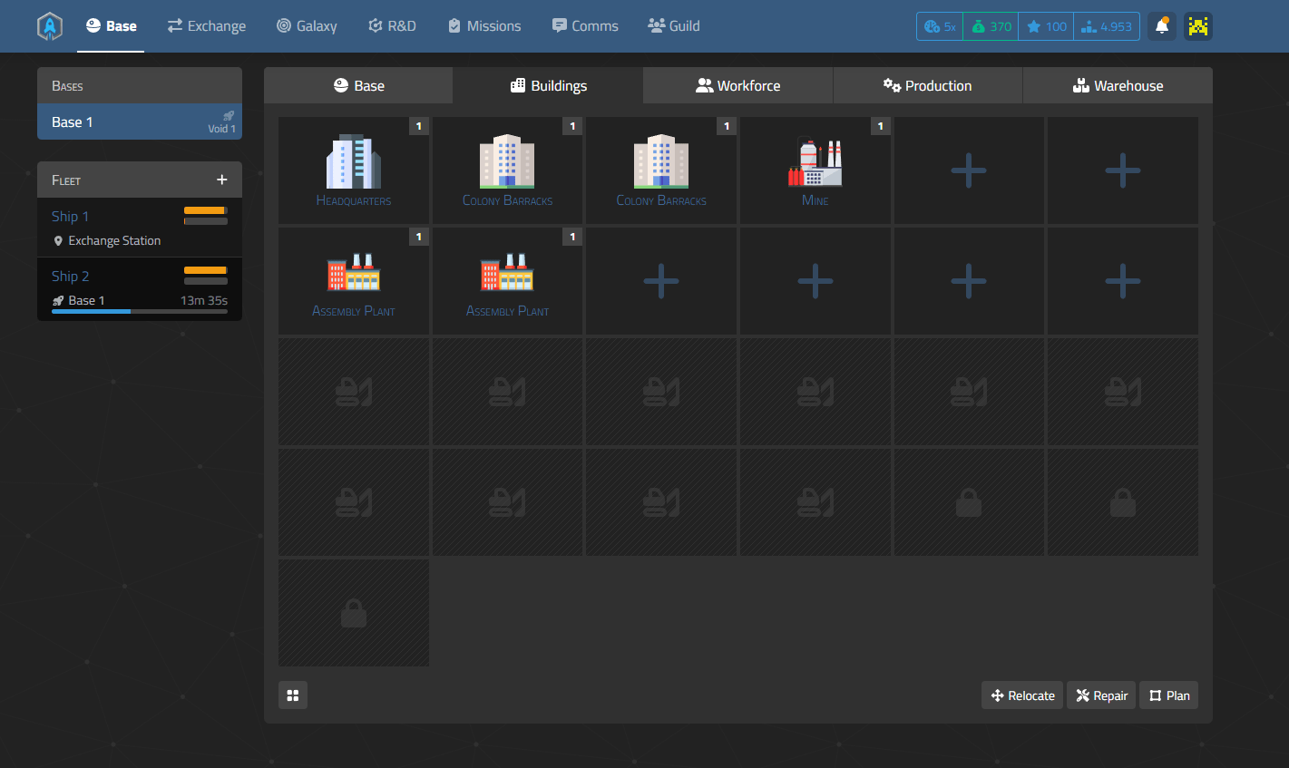 Exchange marketplace interface showing trading options and price history in Galactictycoons