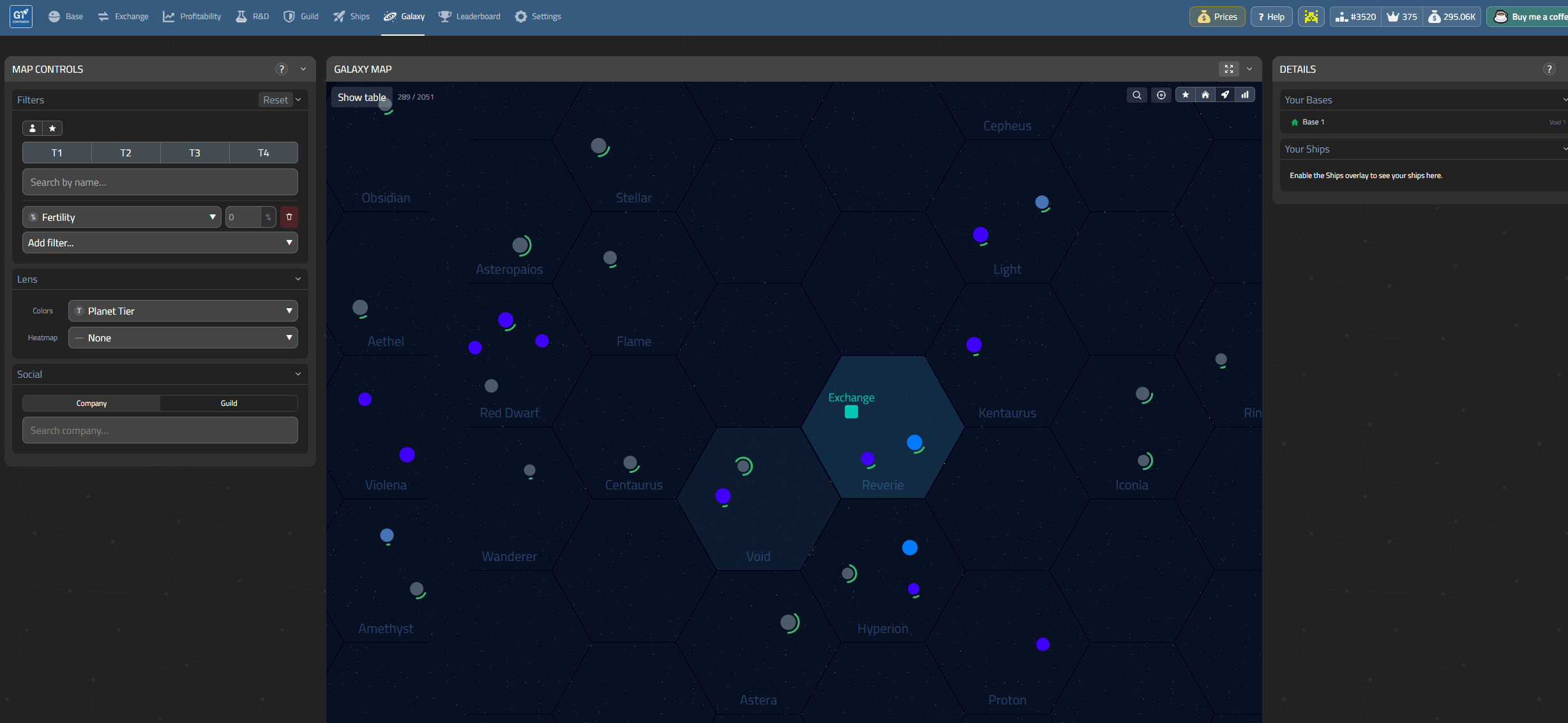 GT-Companion map fertility heatmap showing planetary resource distribution