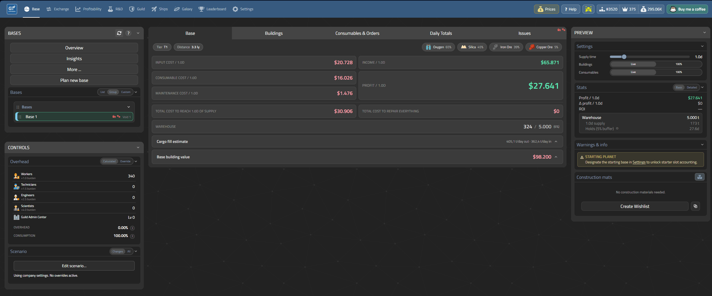 GT-Companion profitability tracking dashboard showing base economics