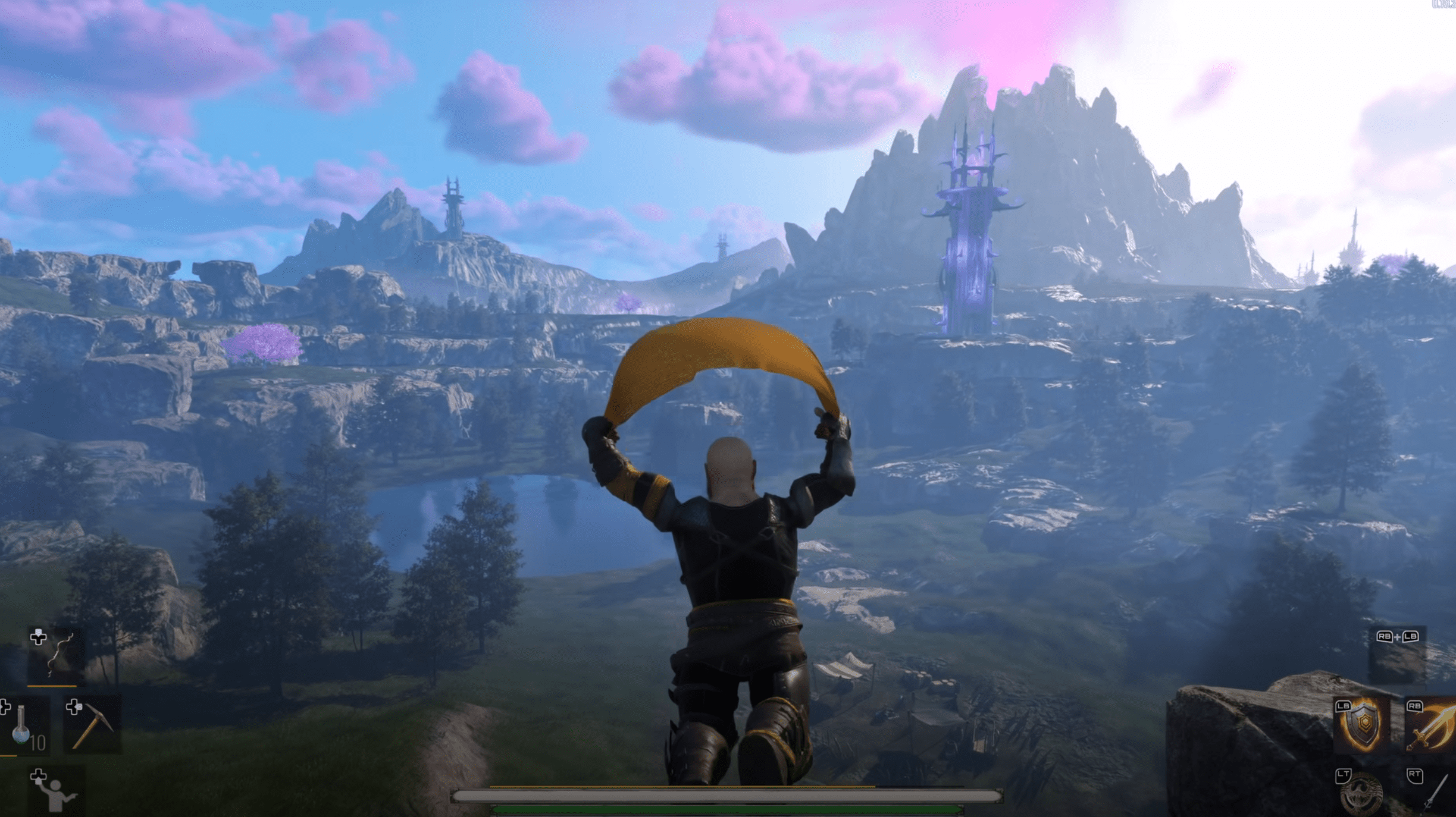 Character gliding with parachute through the air over mountain landscape