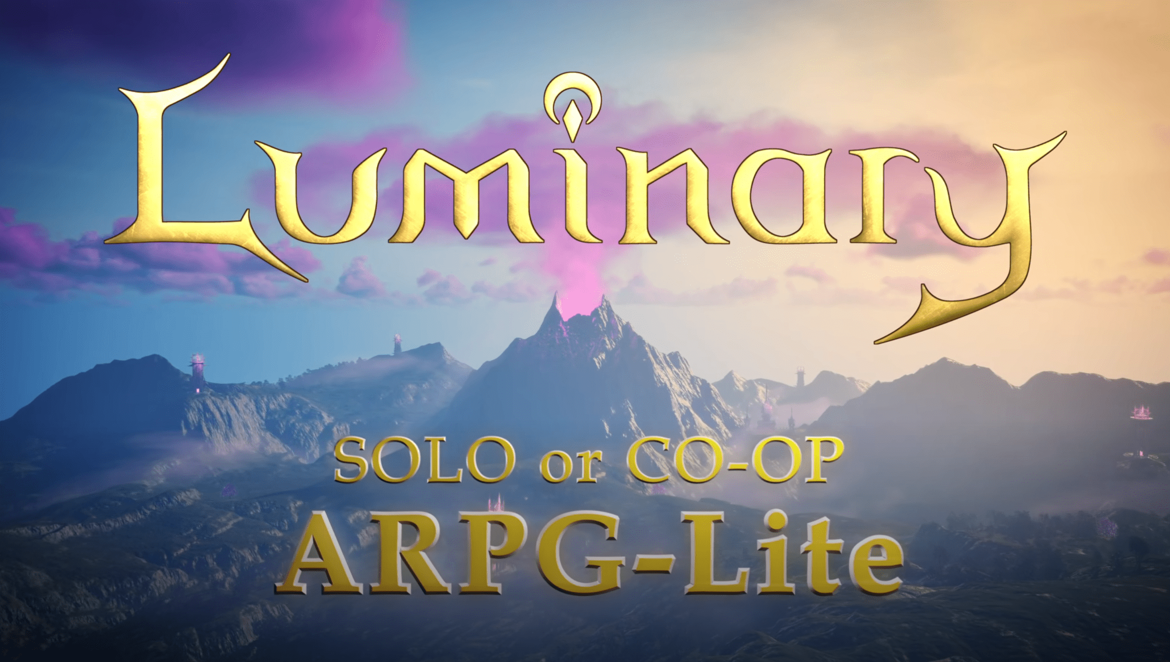 Luminary title art with fantasy landscape and hero in foreground