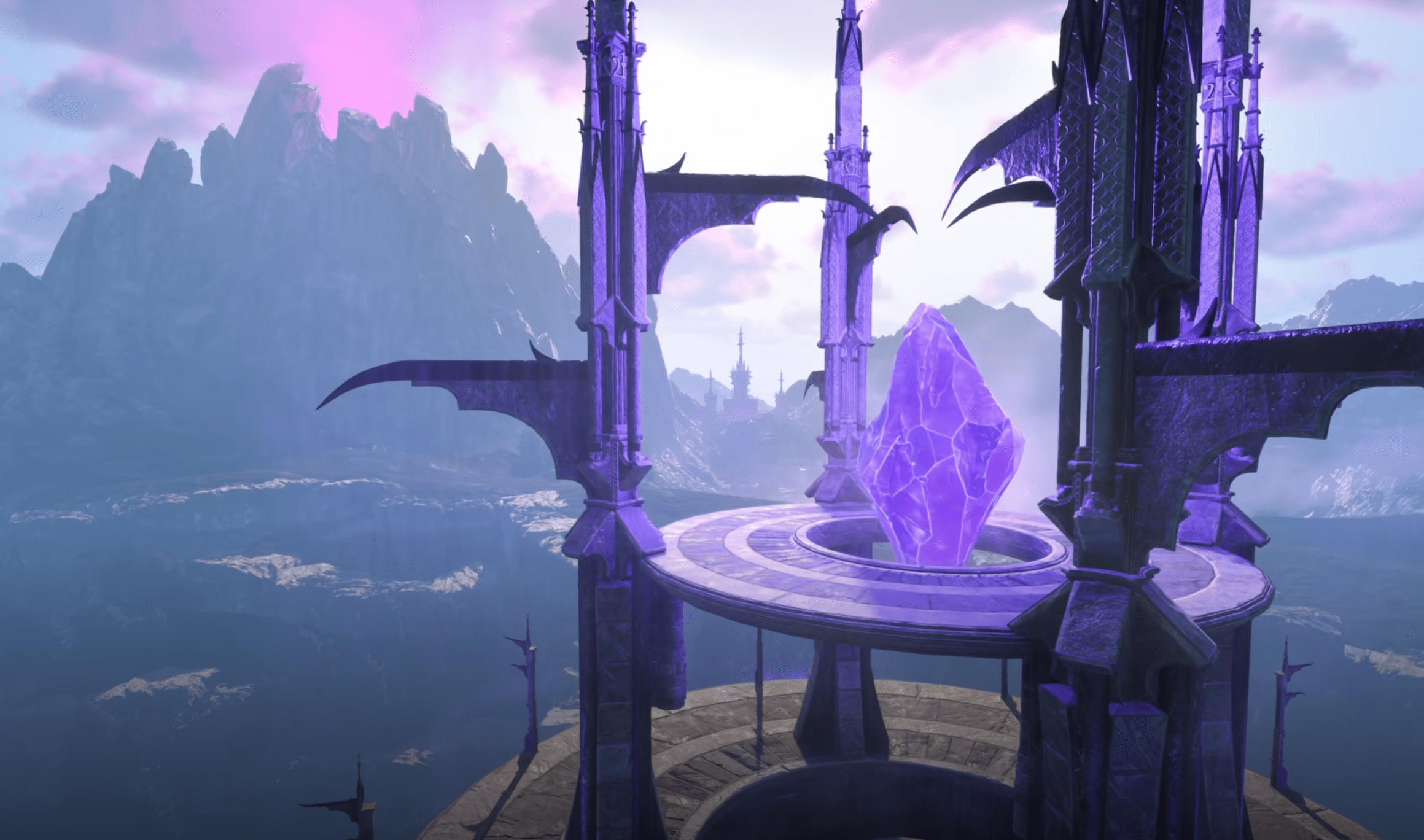 Large tower in the Luminary game world at sunset